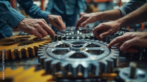Close-up of a group of workers working together on a gear wheel