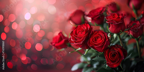 Beautiful Vibrant red roses bouquet with dew drops  perfect for romantic occasions Dreamy Luminous Backdrop Flowers on a red dramatic blurred background.