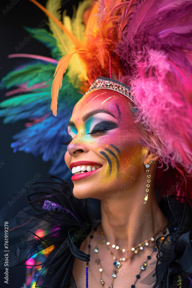 Side view of Drag Queen wearing glamour's outfit with feathers and colors. Pride month concept. Vertical image