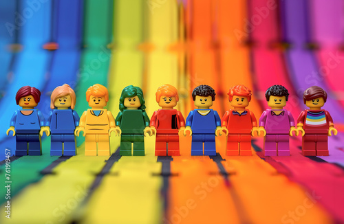 Row of lego characters with rainbow colors representing LGBT community for pride month celebration © Pajaros Volando