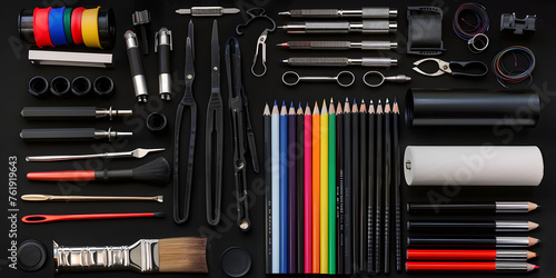 Layout plano de várias ferramentas e recursos de design gráfico em uma mesa moderna photo