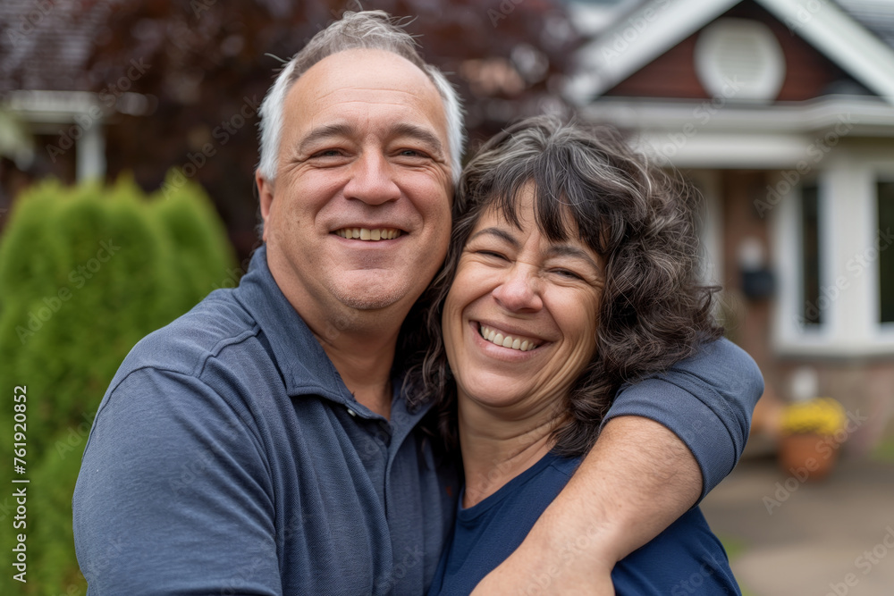 Home Sweet Home: Affectionate Couple Embracing in Front of Their Cozy Residence Home Sweet Home: Affectionate Couple Embracing in Front of Their Cozy Residence