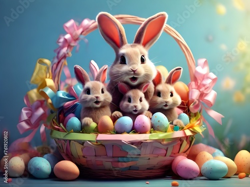 Ai generated Happy Easter  cute bunny with colorful easter eggs with a happy expression with a basket filled with easter eggs background to decorate your holiday