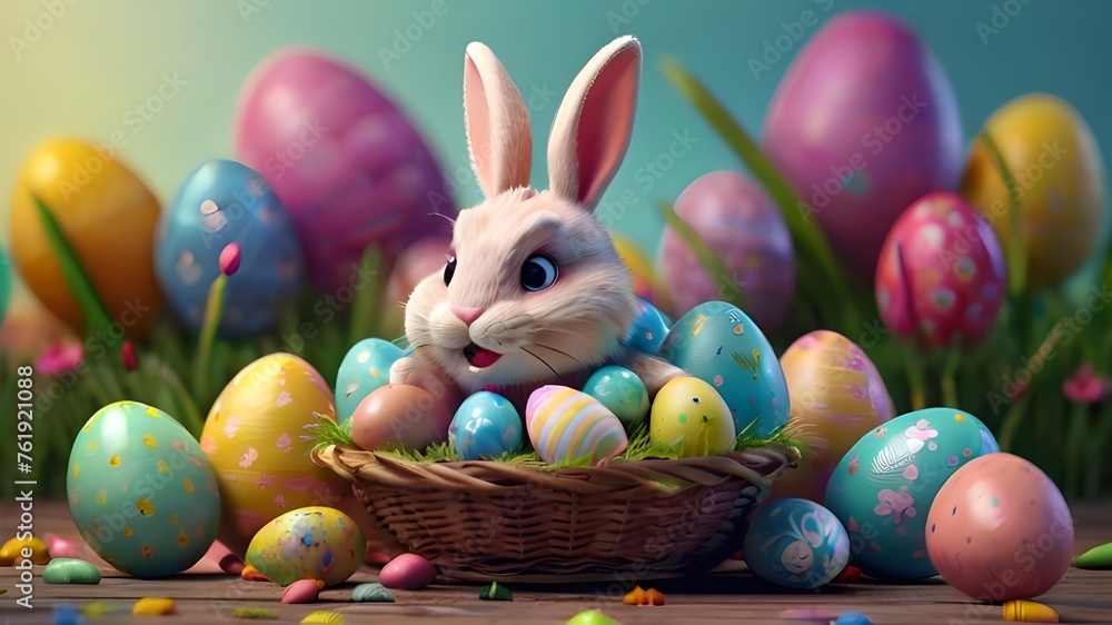 Ai generated Happy Easter, cute bunny with colorful easter eggs with a happy expression with a basket filled with easter eggs background to decorate your holiday