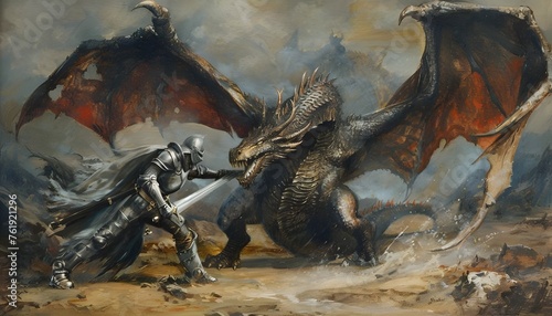 Fantasy scene knight fighting dragon  © thiraphon