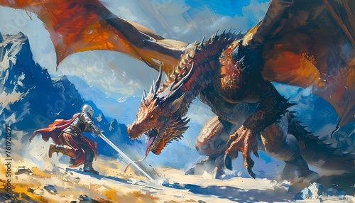 Fantasy scene knight fighting dragon

