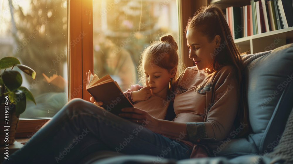 Mother and daughter reading books in a sunlit corner. Happy family moments.