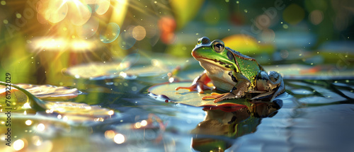 Frog sitting on a leaf in the pond  with the morning sunlight shining down  reflecting on the water s surface. Close-up shot.