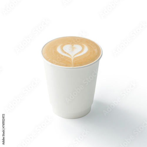 Art latte art pattern of latte coffee in paper cup, milk foam with heart ripple pattern, white background