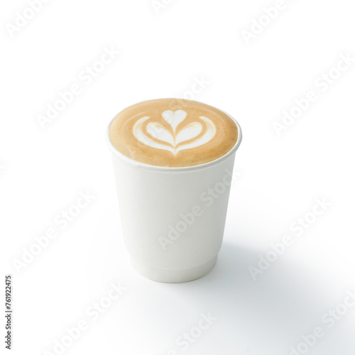 Art latte art pattern of latte coffee in paper cup, milk foam with heart ripple pattern, white background