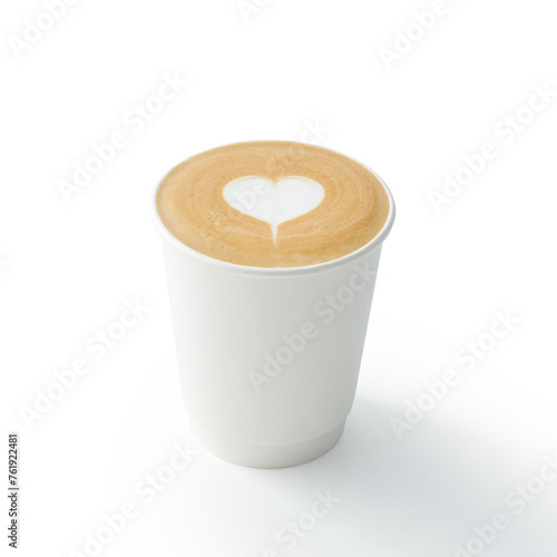 Art latte art pattern of latte coffee in paper cup, milk foam with heart pattern, white background photo