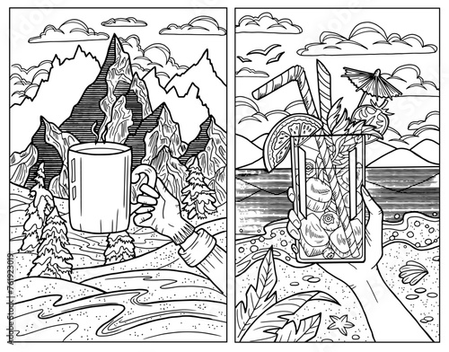 Vector set with two line art illustrations with a hand holding glass of fruit cocktail against summer beach and arm with cup of coffee or tea over winter mountains