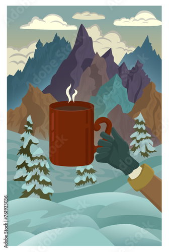 Vector cartoon illustration with hand holding coffee cup against winter mountains peak and sunrise background. Vintage adventure and tourism concept. Flat design artwork