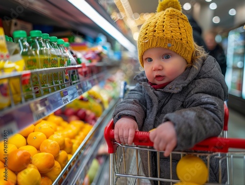 Baby Sitting in Shopping Cart at Grocery Store