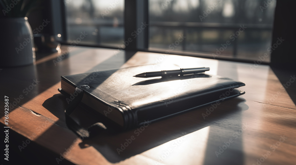 a black leather covered notebook and a silver pen resting on a wooden desk by the window with sunlight shining through a black leather covered notebook and a silver pen resting on a wooden desk by the window with sunlight shining through
