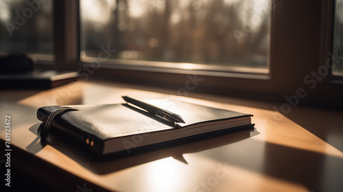a black leather covered notebook and a silver pen resting on a wooden desk by the window with sunlight shining through