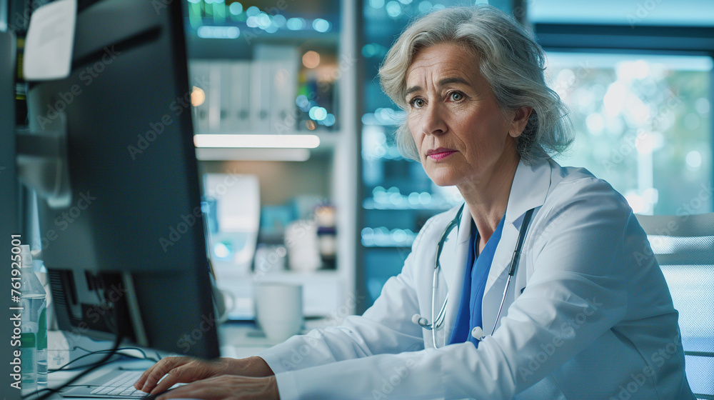 Female doctor working on computer in doctor's office, looking at MRI scan, test results of patient. Doctor consulting scan with other doctors Female doctor working on computer in doctor's office, looking at MRI scan, test results of patient. Doctor consulting scan with other doctors