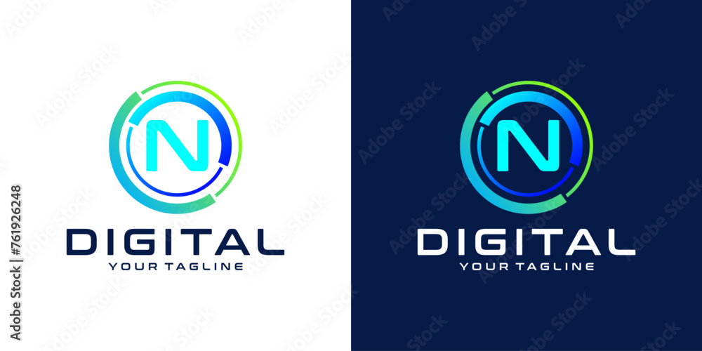 letter N logo design template technology, modern circle logo digital, technology, connection, data, media, circle line