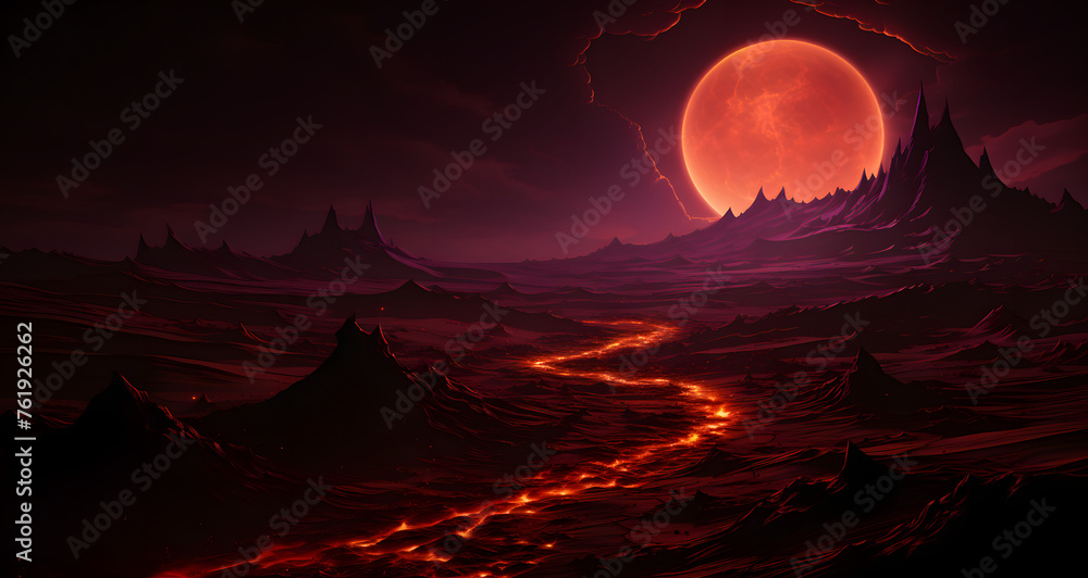 a blood red moon is above a rocky valley