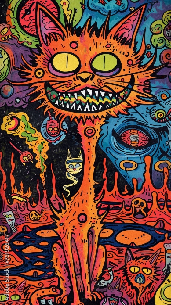 Joyful cat commanding hellish minions, lava lakes, high angle, vivid contrasts, Psychedelic funk art