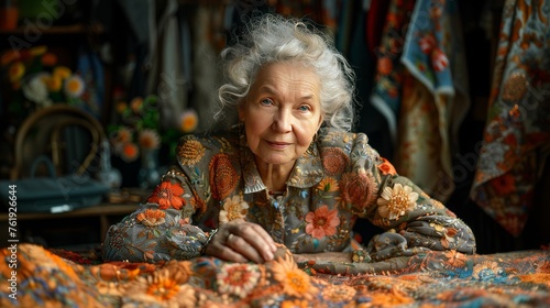 Lady sitting with table full of embroidery garment. © Paul
