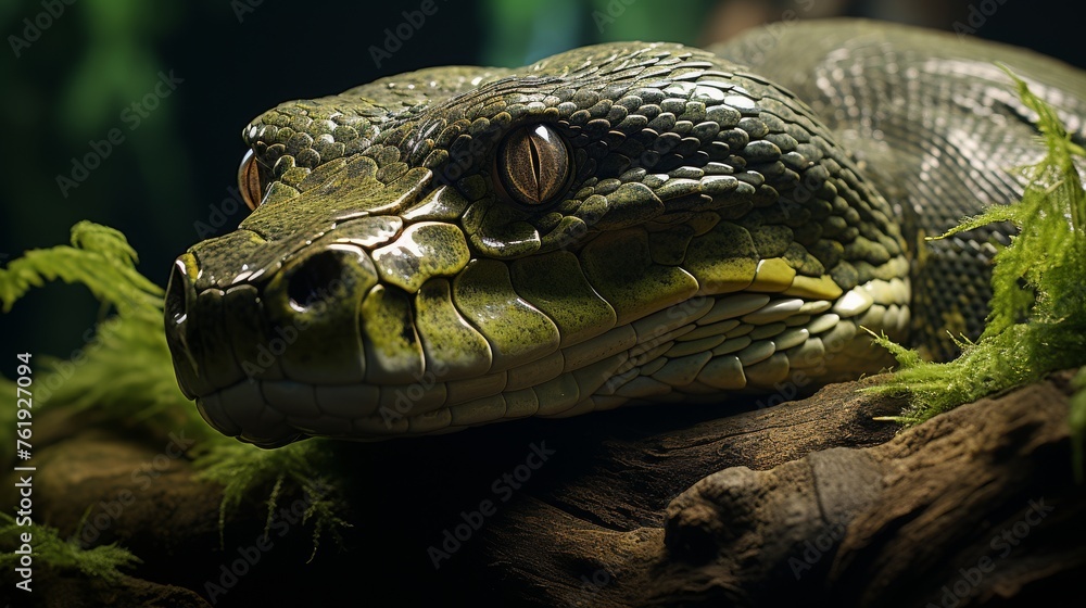 Naklejka premium Green Snake Resting on Tree Branch