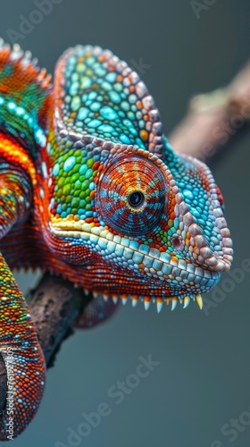 A colorful chameleon, a master of camouflage, clings to a branch with its independently moving eyes scanning for prey © Yanwit