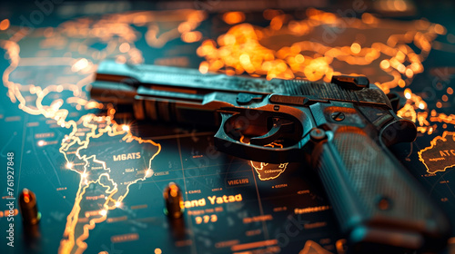 a gun on the table against the background of a world map
