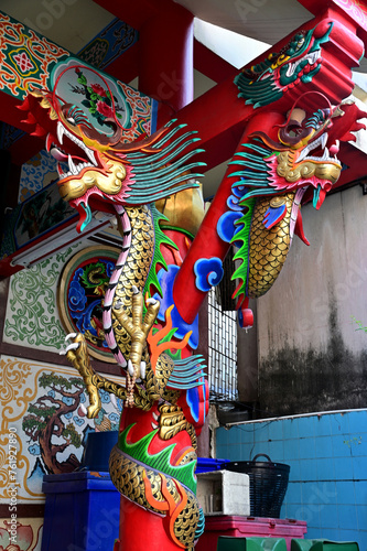 BANGKOK, THAILAND : March 18, 2024 - Colorful Dragon Decoration with blue sky background at Chinese Temple, Thailand.