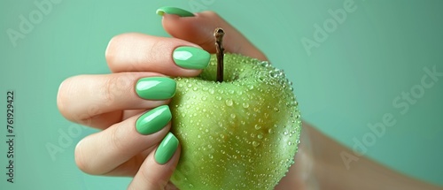 A model's hand with perfect manicure holds green apple. Easter, summer holidays nail design concept.  photo