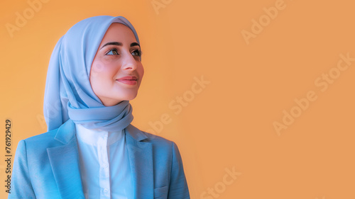 Arab businesswoman smile in formal white blue suit looking up side view © pariketan