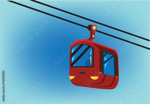 Red Cable car against a blue background. Editable Clip Art.