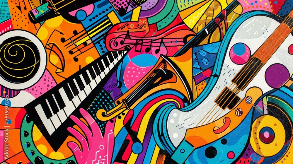 Psychedelic collage of musical instruments, in the style of minimalist line art, appropriation artist
