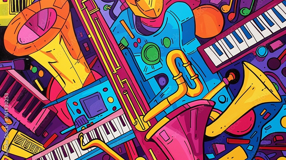 Psychedelic collage of musical instruments, in the style of minimalist line art, appropriation artist, funk art Psychedelic collage of musical instruments, in the style of minimalist line art, appropriation artist, funk art