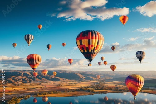 a group of hot air balloons are flying over a lake