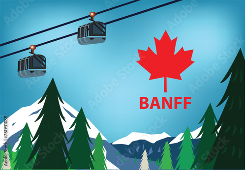 Banff National Park, Alberta Canada mountain ranges with cable car system concept. Editable Clip Art.