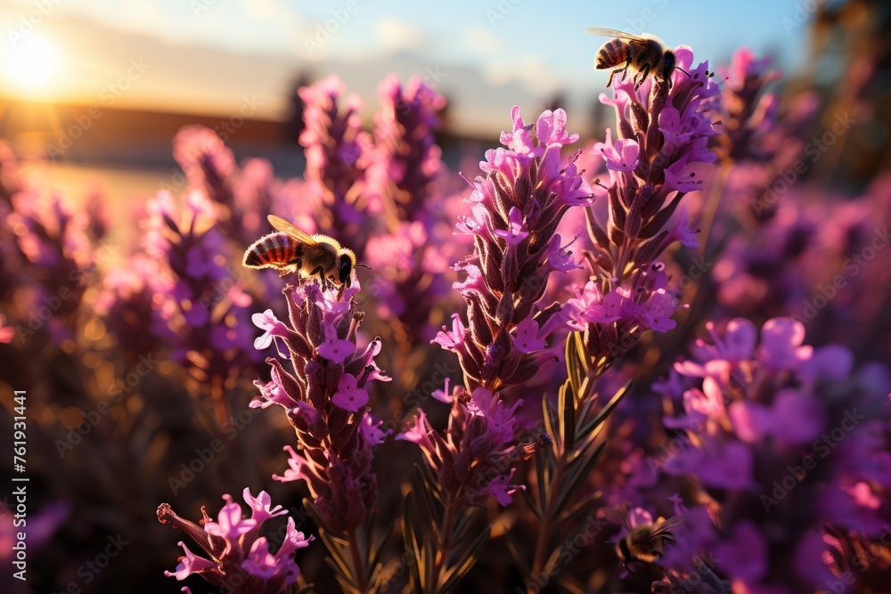 Bee on purple flower in field under sky, plant with violet petals - obrazy, fototapety, plakaty 