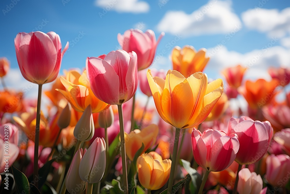 Colorful tulips in a meadow under a blue sky with clouds
