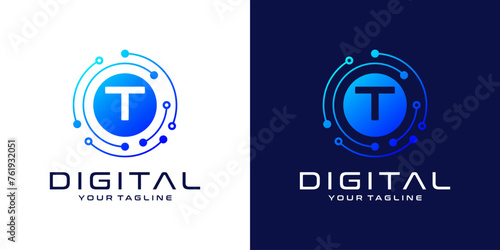 Letter T logo design template, Abstract point connection technology, digital, data and circle circuit technology