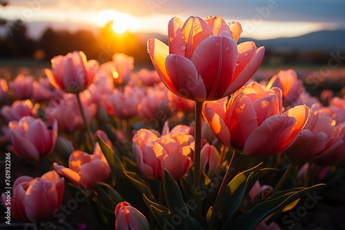 Field of pink tulips with sunlight shining through at sunset