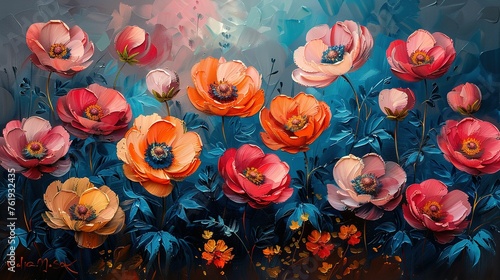 Oil painting flowers on canvas. Colorful floral background © Jennifer