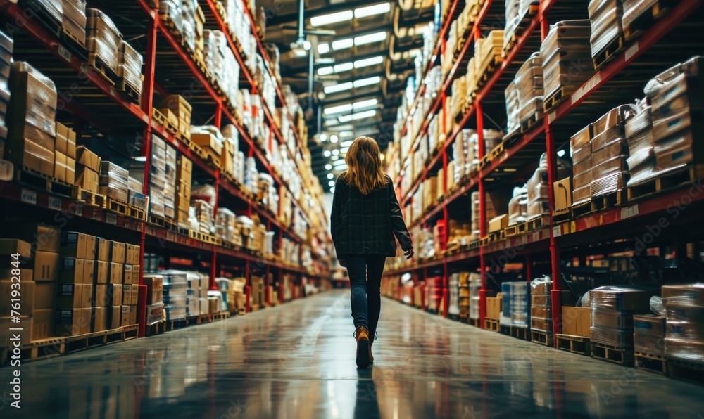 A woman walks through a warehouse aisle. Generative AI. A woman walks through a warehouse aisle. Generative AI.