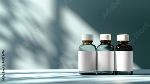 Medical pharmacy theme: empty clean bottles, containers, vials for advertising, presentation banners with copy space, showcasing pharmaceutical products mockup .
