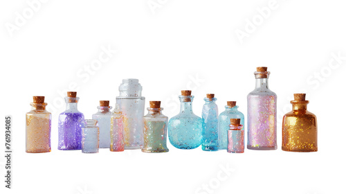 transparent glass bottles with glitter isolated on transparent background