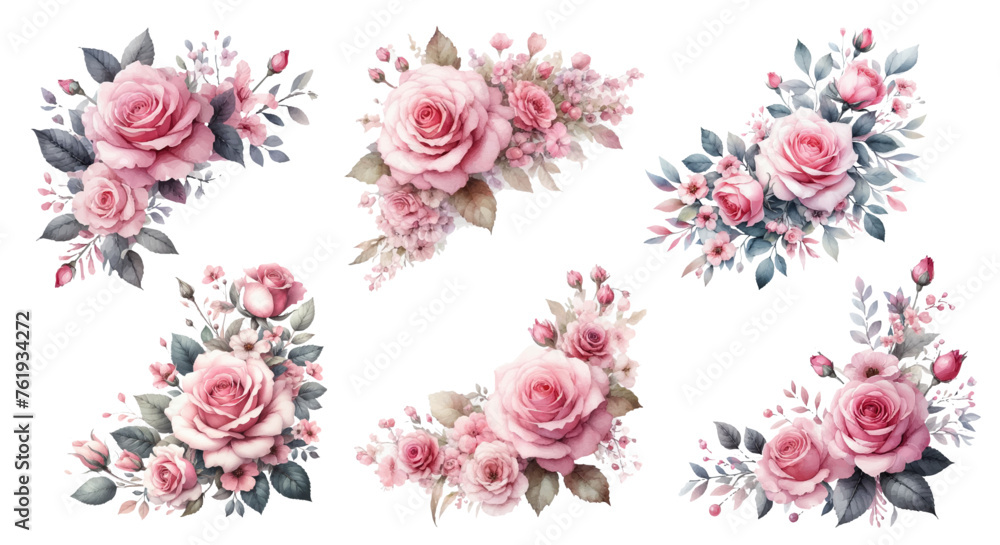 Pink rose decoration watercolor illustration material set