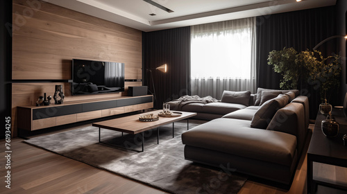 photograph of a modern living room with dark gray and light gray furniture with some wood panels on the wall © Shohei