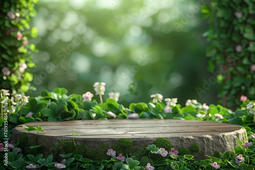 Exposition stand/Merchandise Showcase display background for product presentation. Spring, summer botanical stage, mock up. Background with green leaves of a tiny forest flowers.