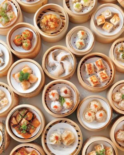 Variety of Dim Sum in bamboo steamers