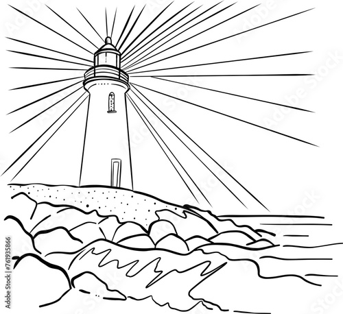 White-background illustration of a lighthouse tower guiding ships at sea