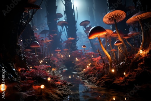 a forest filled with lots of mushrooms and candles
